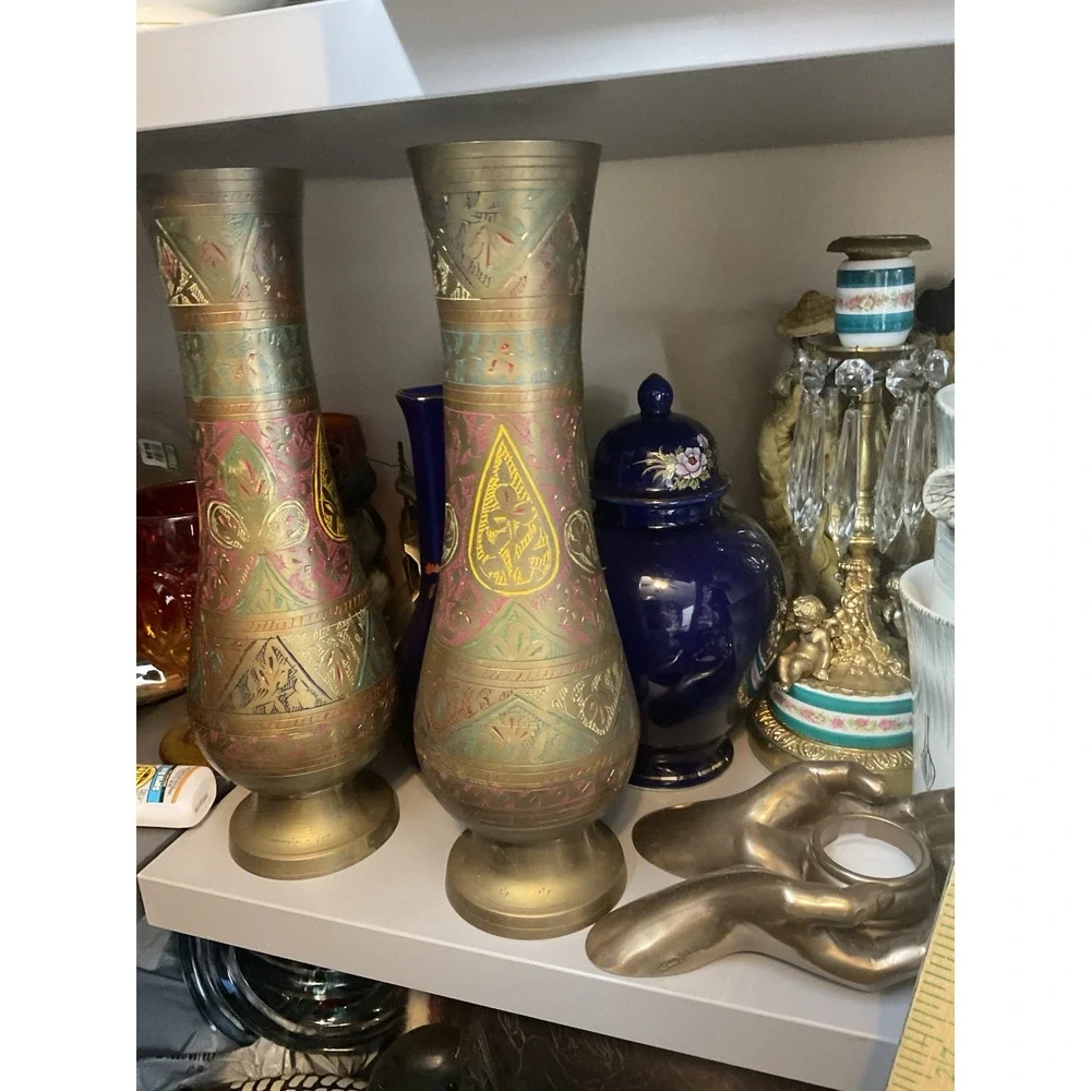 Vtg Brass Hand Etched Multicolored Flower Bud Vases Set of 2 Made In India 12